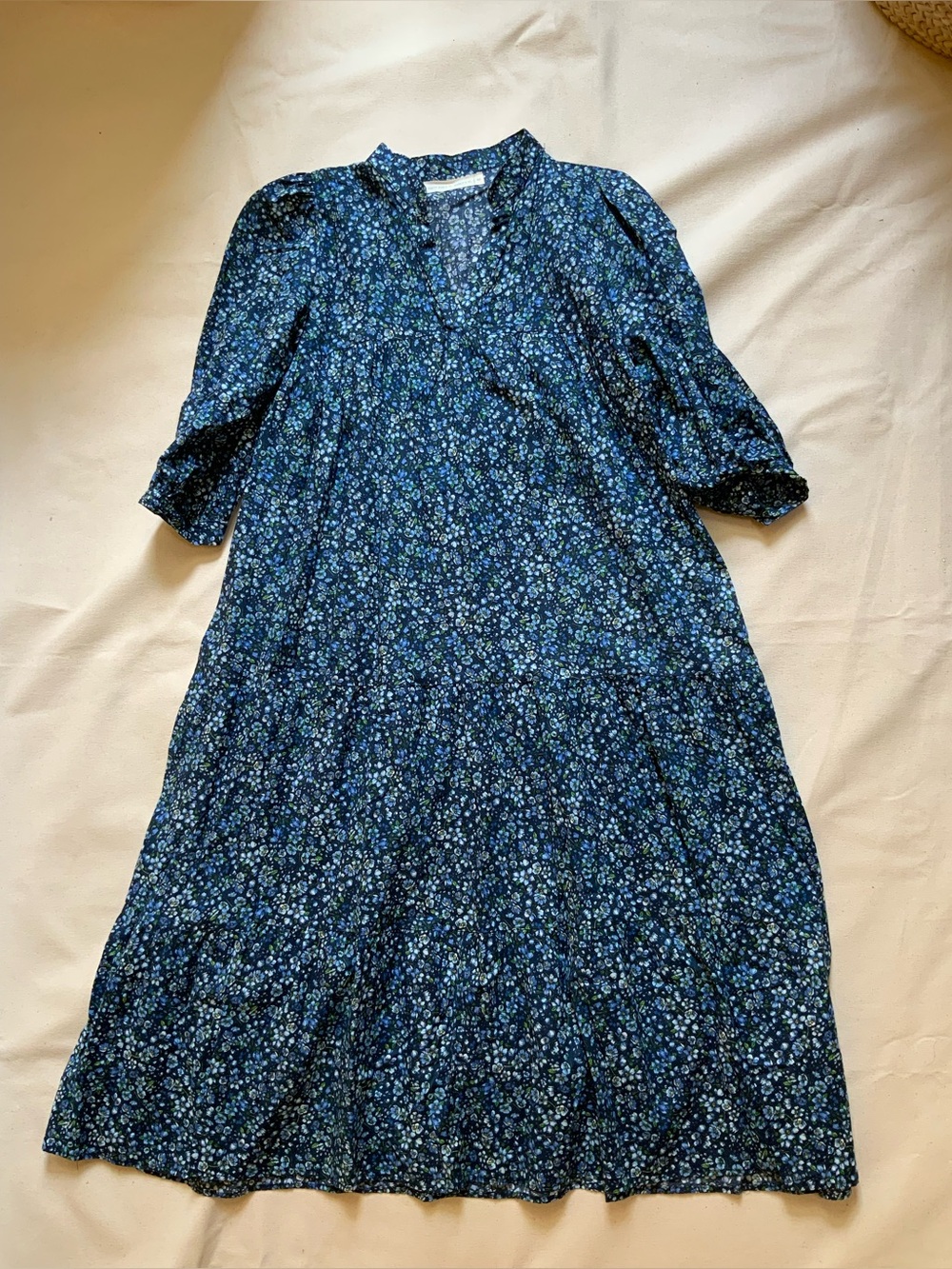 Beverly Drive Cotton Blue Floral Tiered Midi Dress M